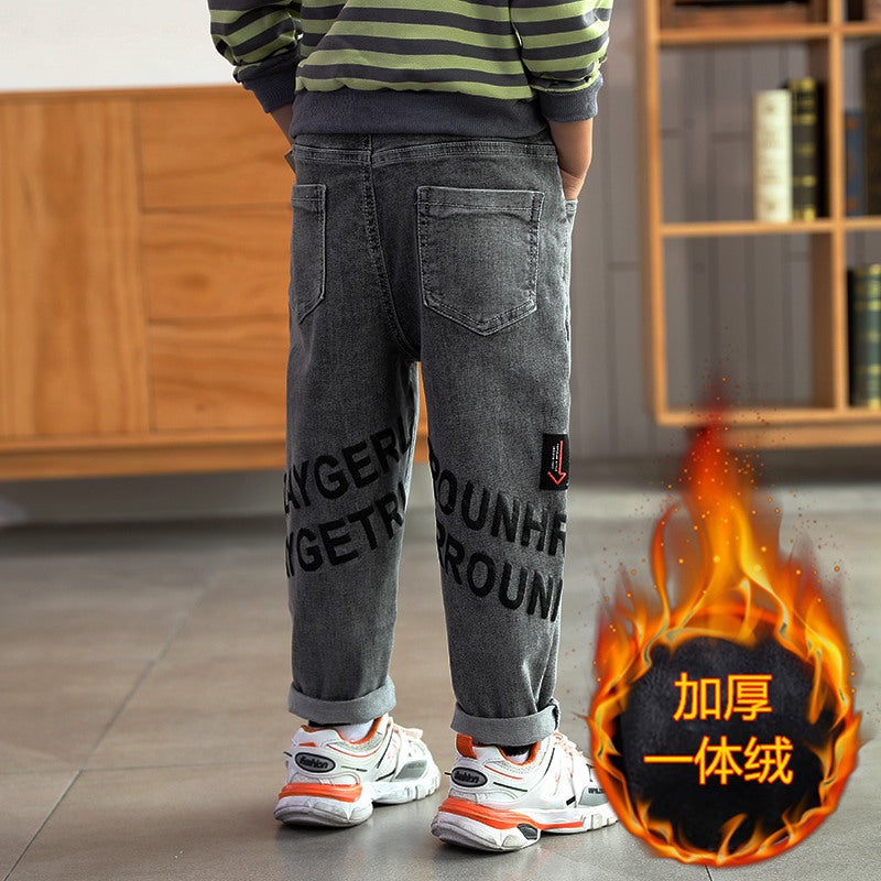 Boys' Fleece-Lined Thickened Denim Pants Winter Children'S One-Piece Fleece Cotton Pants New Baby Warm Pants - Image 2