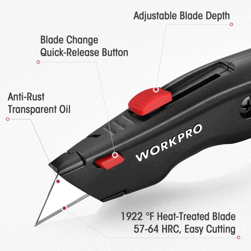 WORKPRO Premium Utility Knife, Retractable All Metal Heavy Duty Box Cutter, Quick Change Blade Razor Knife, with 10 Extra Blades - Image 2