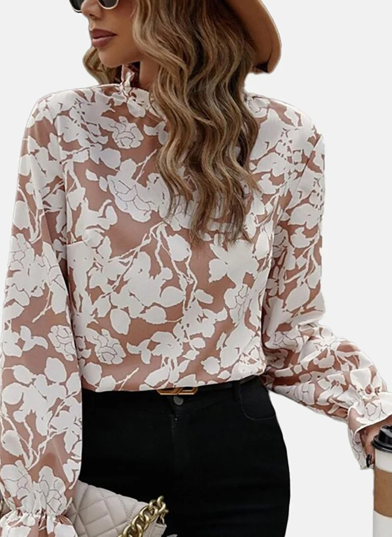 YUNIQEE Beige Floral Long Sleeve Halter Neck Tunics