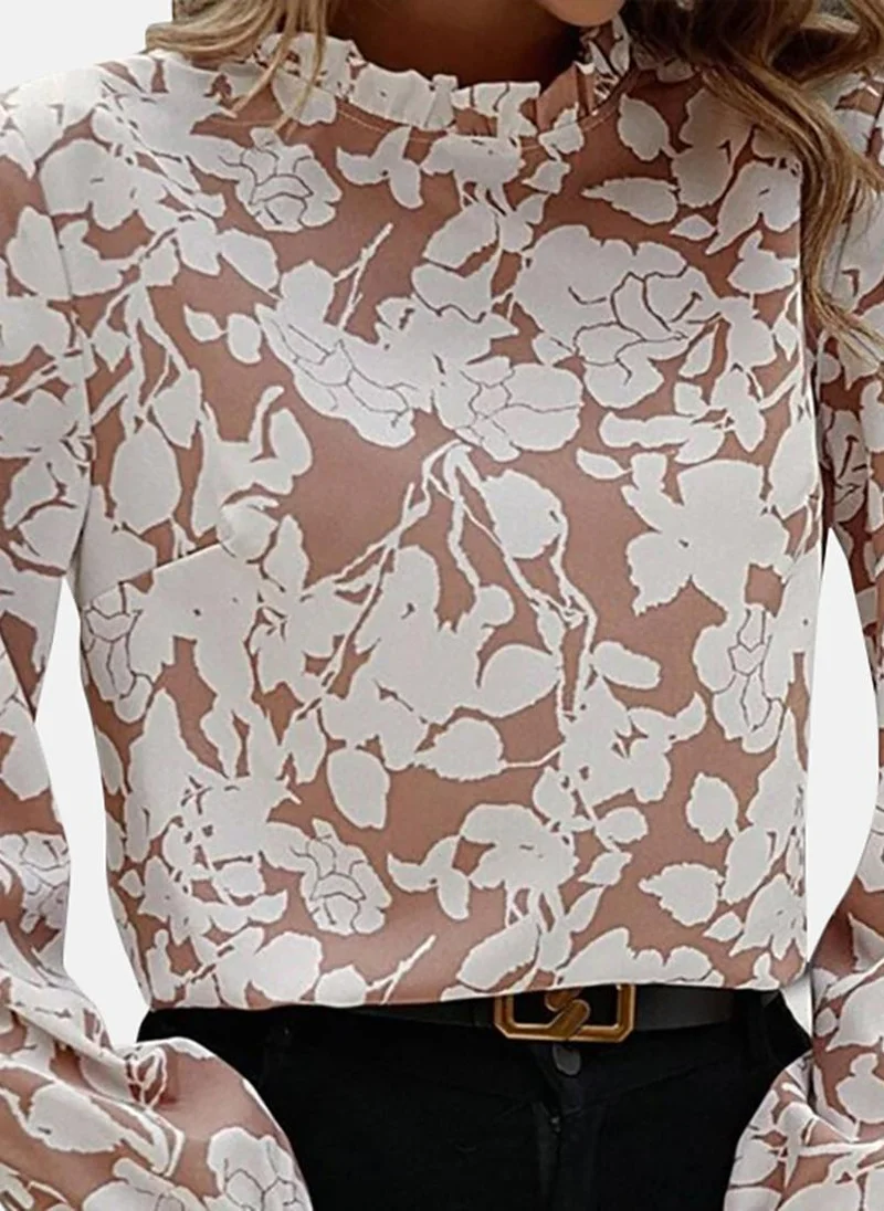 YUNIQEE Beige Floral Long Sleeve Halter Neck Tunics