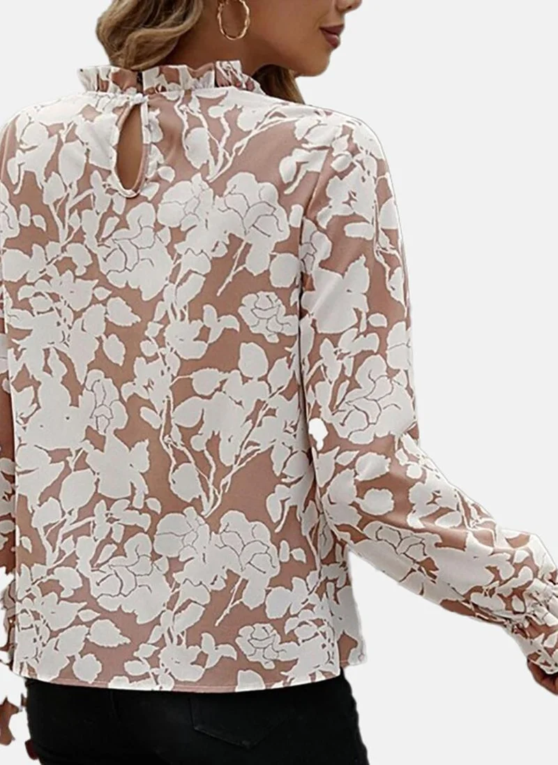 YUNIQEE Beige Floral Long Sleeve Halter Neck Tunics