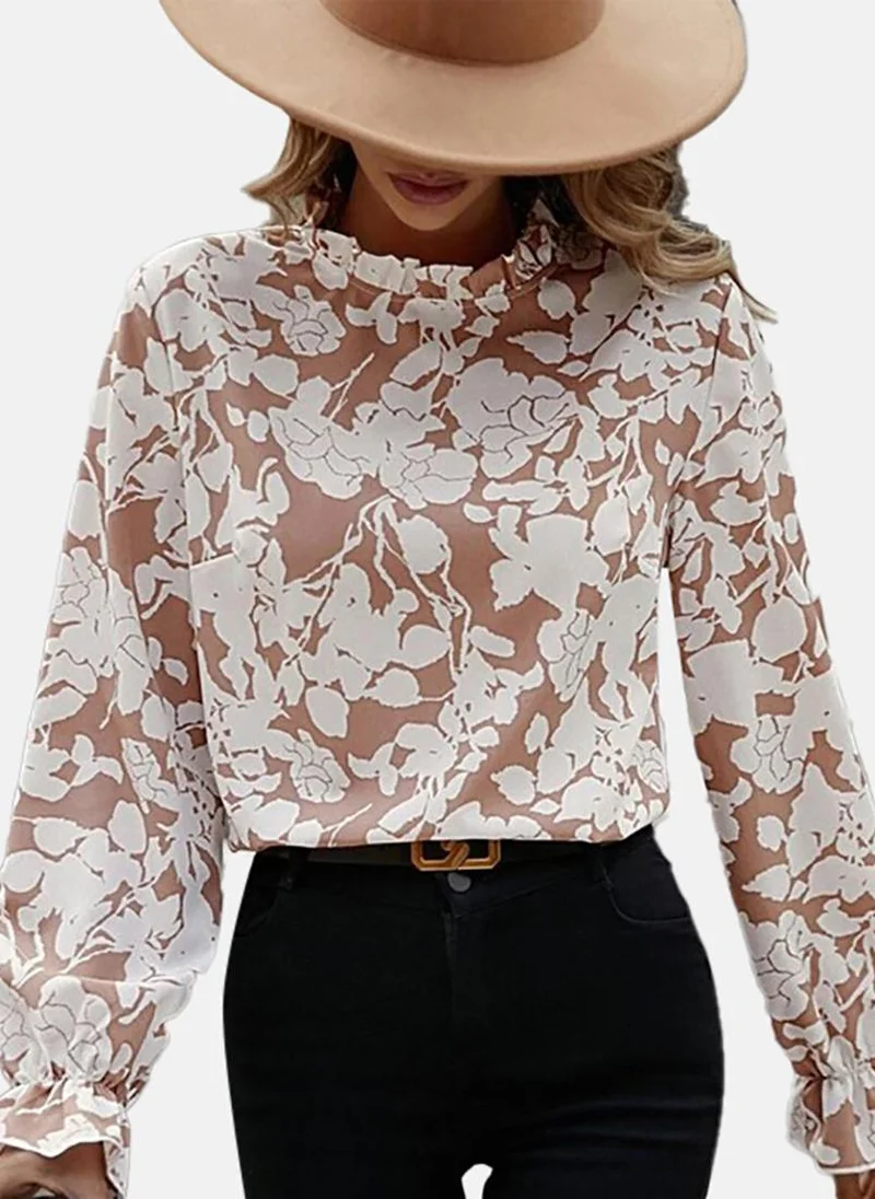 YUNIQEE Beige Floral Long Sleeve Halter Neck Tunics
