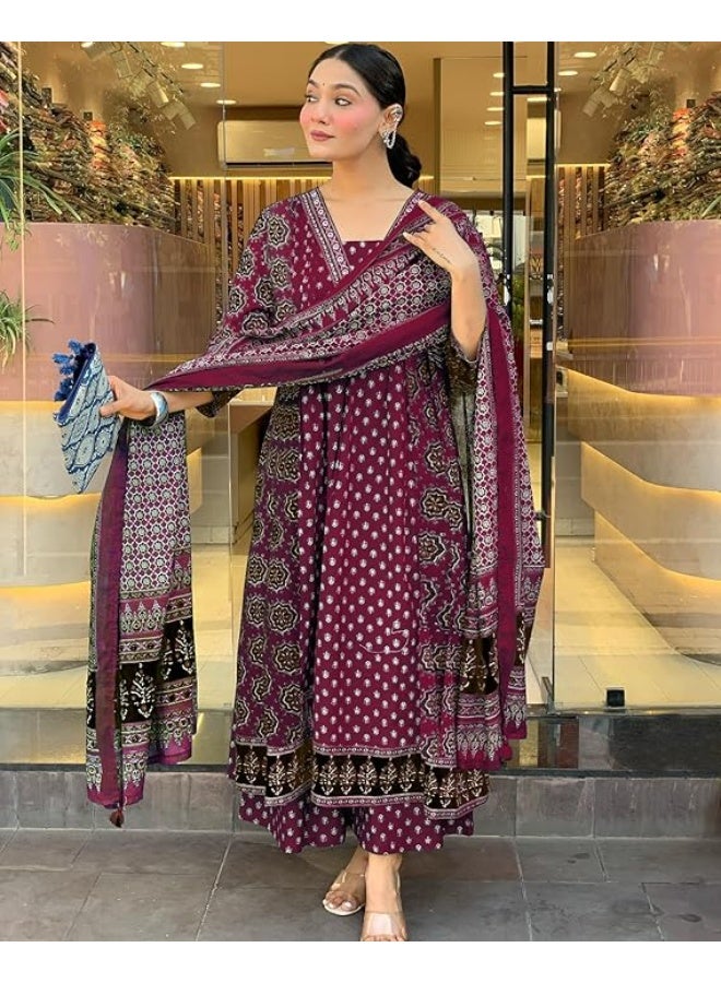 آني ديزاينر ANNI Designer Women's Pure Cotton Anarkali Kurta Set for Women with Dupatta & Plazzo – Hand Block Print Suit Set | Stylish Dress | Cotton Kurta Set for Women - Image 1