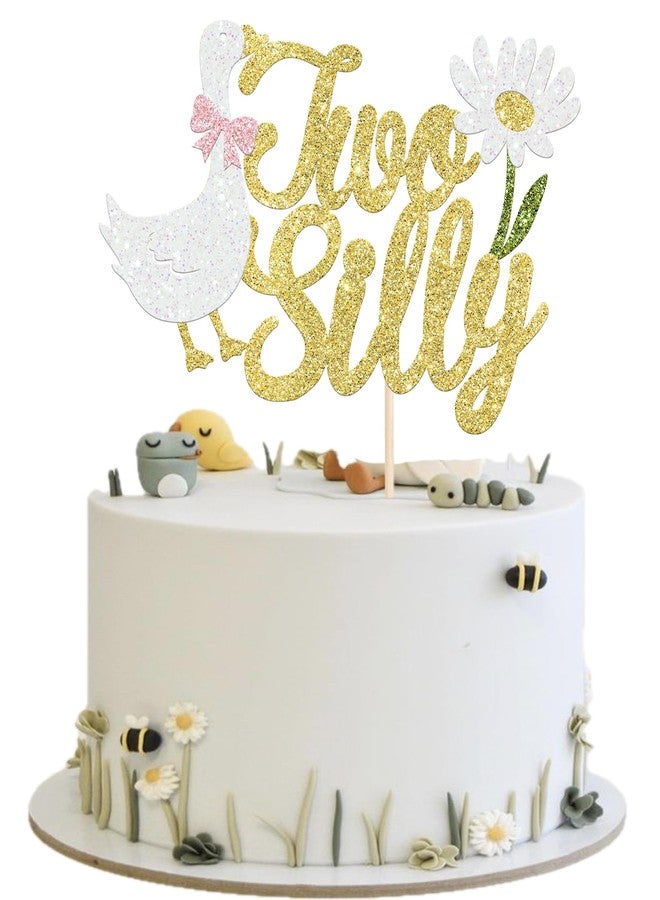 Rsstarxi 1 Pack Two Silly Goose Cake Topper Goose Birthday Cake Decorations Glitter Silly Goose 2nd Birthday Cake Pick for Baby Boy Girl Second Birthday Party Cake Decorations Gold - Image 1