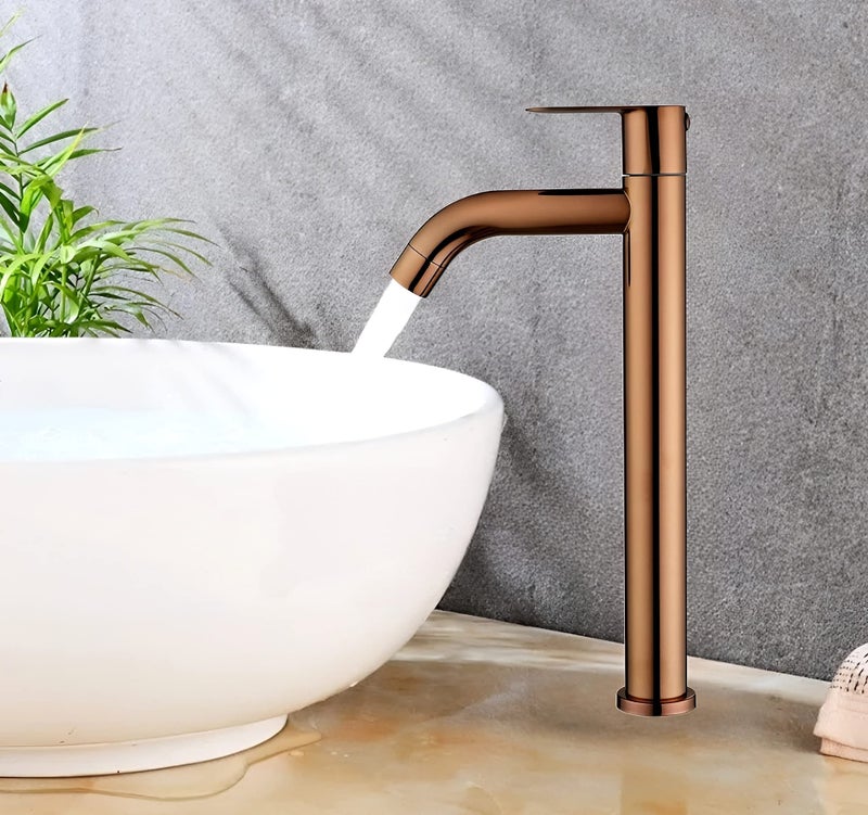 Carnival SS-304 Full Rose Gold Extended Tall Body Basin Pillar Faucet Tap | Tall Pillar Cock Tap with Long Spout | Rose Gold Tap for Wash Basin (12" Inches) for Counter Table Top Washbasin - Image 4