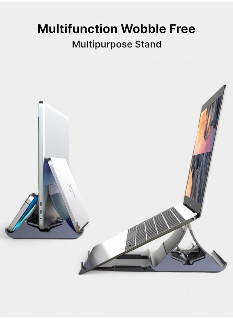 أركس حامل لابتوب عمودي – حامل قابل للتعديل 3 في 1 (ماك بوك، لابتوب ألعاب، تابلت، هاتف) مع مشبك أوتوماتيكي، قاعدة قابلة للتمديد، ABS وسليكون، رمادي - Image 2