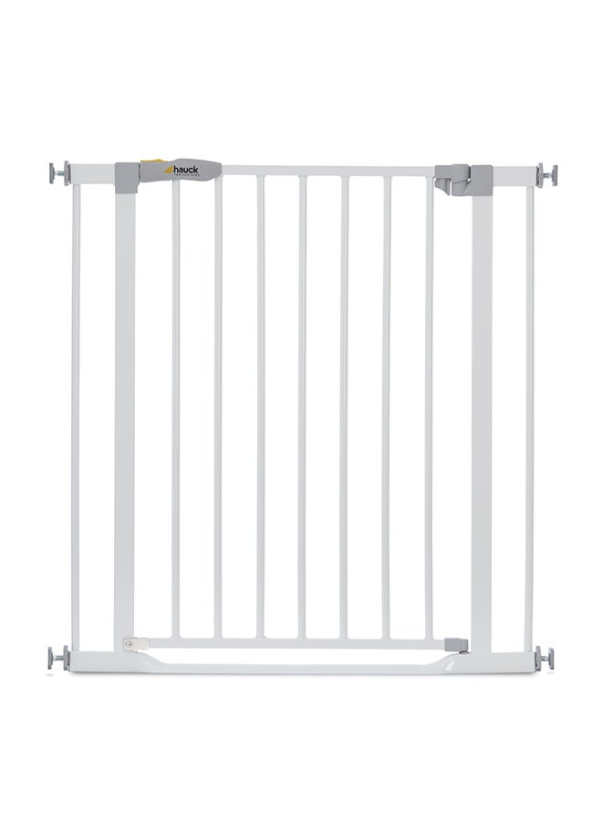 hauck Safety Gate For Doors And Stairs Clear Step, Pressure Fit, 75 - 80 Cm Large, Thin Step Over Bar, No Drilling Needed, Extendable With Separate Extensions Metal - White - Image 1
