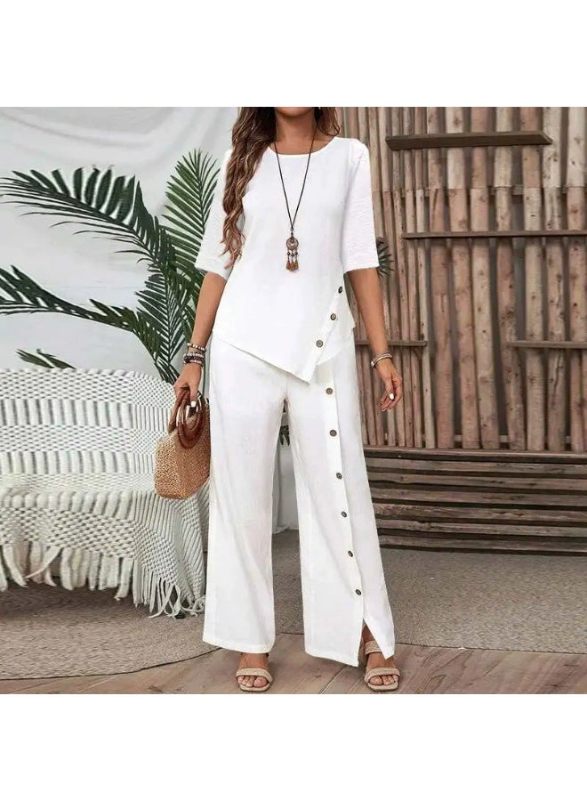 general 2025-2026 Women's Irregular Hemmed Pants Set - Elegant and Fashionable Casual Buttoned Half-Sleeve Shirt Loose Two-Piece Set - Image 1