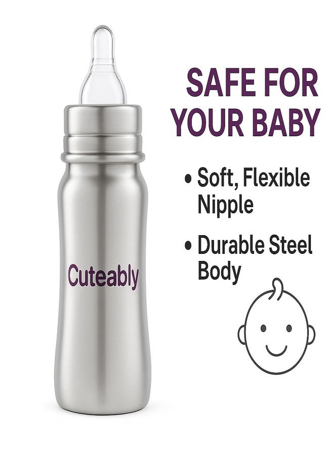 CUTEABLY زجاجة رضاعة واسعة الفم من الفولاذ المقاوم للصدأ بتصميم أنيق | حلمة مضادة للمغص للأطفال | زجاجات خالية من الصدأ وخالية من مادة BPA للأطفال حديثي الولادة (300 مل) - Image 5