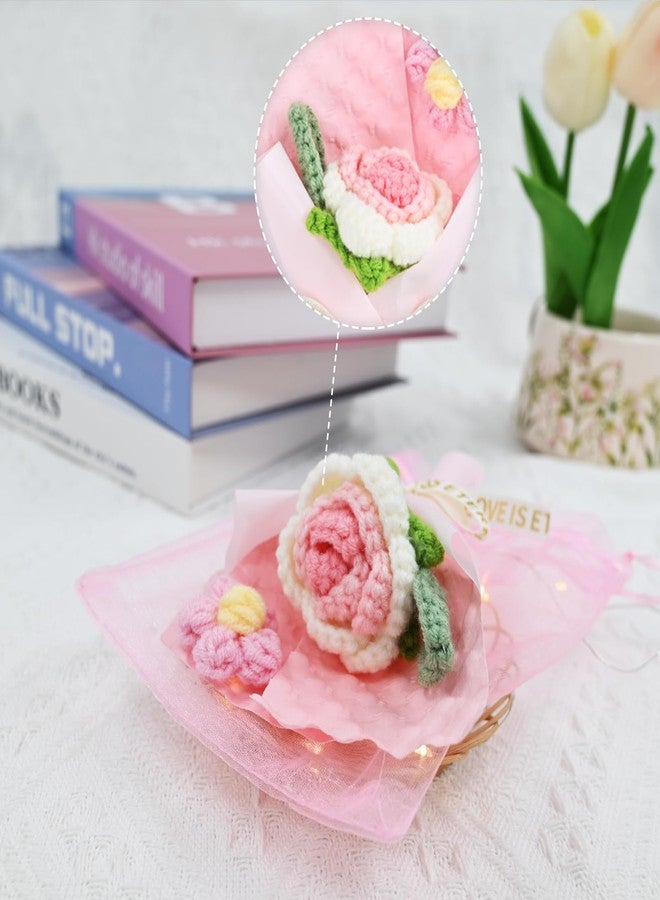 RAQWI Handmade Crochet Pink Rose Bouquet, Cotton Knitted Flower Arrangement for Car Dashboard & Desk Decor, Romantic Birthday & Valentine’s Day Gifts - Image 3