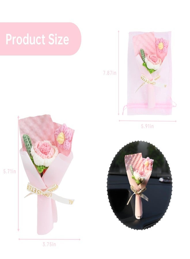 RAQWI Handmade Crochet Pink Rose Bouquet, Cotton Knitted Flower Arrangement for Car Dashboard & Desk Decor, Romantic Birthday & Valentine’s Day Gifts - Image 2