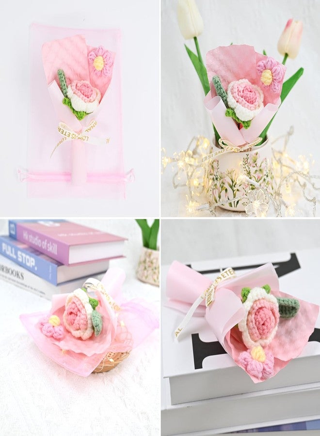 RAQWI Handmade Crochet Pink Rose Bouquet, Cotton Knitted Flower Arrangement for Car Dashboard & Desk Decor, Romantic Birthday & Valentine’s Day Gifts - Image 5