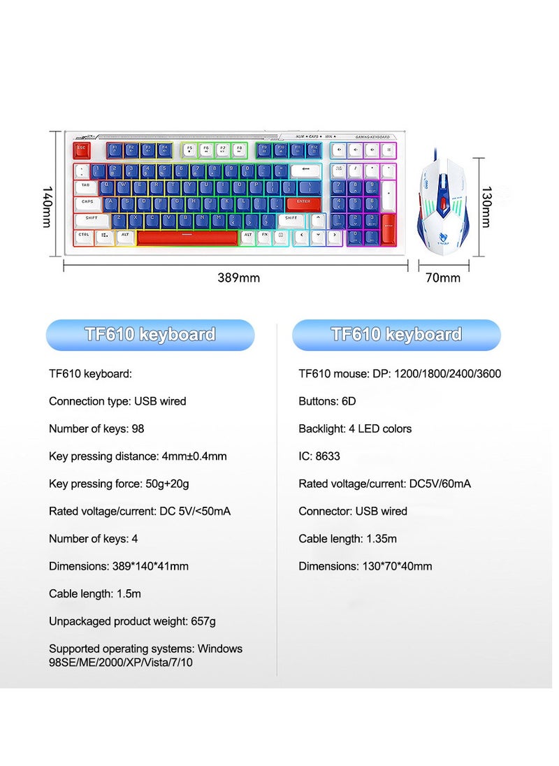 T-WOLF Gaming Keyboard and Mouse Combo, 98-Key Compact RGB Mechanical Feel Keyboard with Type-C Wired & Silent Design, 3600 DPI 6-Button LED Gaming Mouse, 4-Color Backlight  for PC/Windows - Blue White  - Image 4