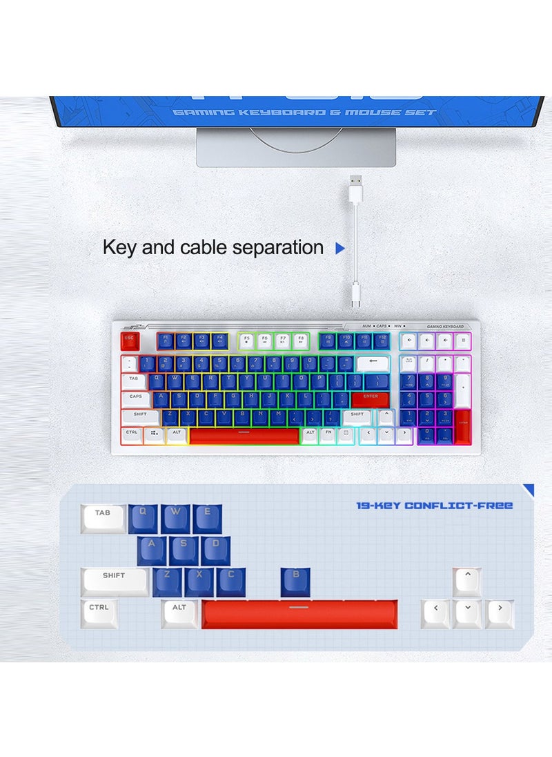 T-WOLF Gaming Keyboard and Mouse Combo, 98-Key Compact RGB Mechanical Feel Keyboard with Type-C Wired & Silent Design, 3600 DPI 6-Button LED Gaming Mouse, 4-Color Backlight  for PC/Windows - Blue White  - Image 5