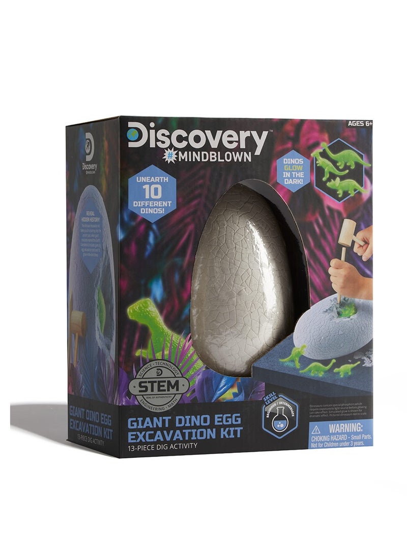 Discovery Mindblown Giant Dino Egg Excavation Kit 13 Pieces Set with 10 Glow-in-the-Dark Dinos and Digging Tools, STEM Toy for Kids 6+ Years  - Image 1