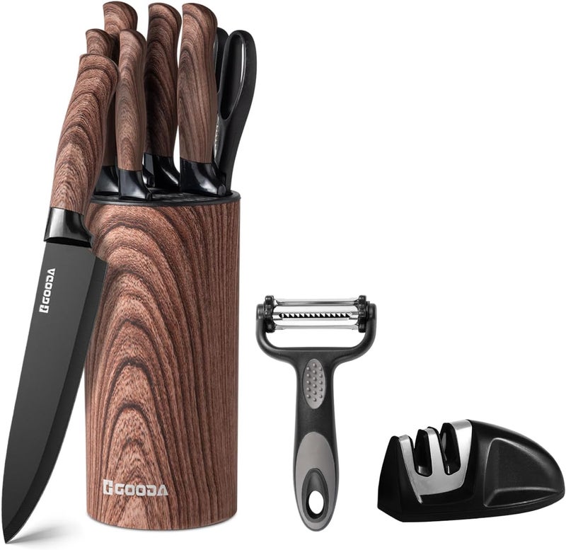 GOODA Knife Set, 9 Piece Kitchen Knife Set with Block and Sharpener, Anti-Rust Stainless Steel Cooking Knives Set for Kitchen, Chef Knife Block Set - Image 1