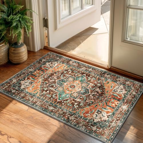 Yamaziot Washable Area Rug 2x3 Small Entryway Rug NonSlip Boho Vintage Rug with Rubber Backing Polyester Soft Distressed Floor Carpet for Indoor Door Mat Kitchen Laundry Bathroom - Image 1