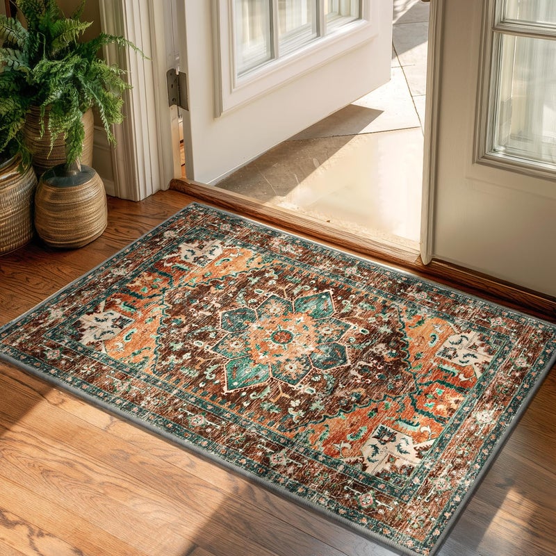 Yamaziot Washable Area Rug 2x3 Small Entryway Rug NonSlip Boho Vintage Rug with Rubber Backing Polyester Soft Distressed Floor Carpet for Indoor Door Mat Kitchen Laundry Bathroom - Image 2