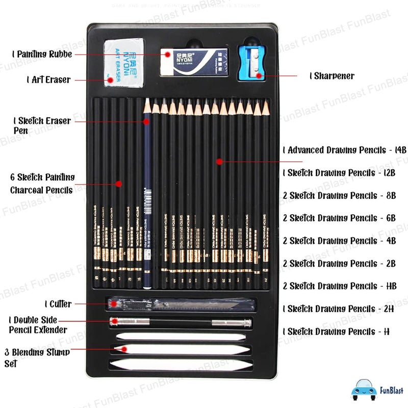 FunBlast مجموعة أدوات الرسم الاحترافية FunBlast للرسم بالقلم الرصاص مجموعة أقلام الجرافيت مجموعة أقلام الفن أقلام التظليل مجموعة من 29 قطعة - Image 2