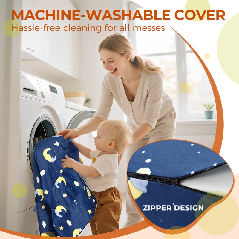 FRUITEAM Toddler Travel Bed, 3-in-1 Portable Kids Sleeper with Moon Star Cloud Print for Camping & Indoor/Outdoor Use | Flip-Open Design with High-Density Foam & Machine Washable Cover - Blue - Image 5