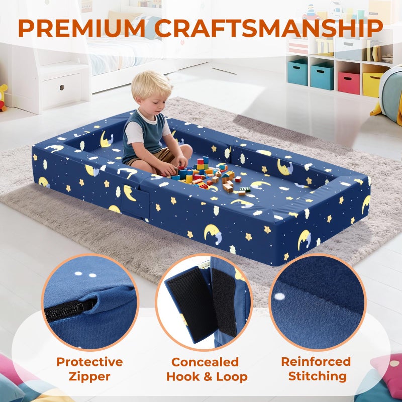 FRUITEAM Toddler Travel Bed, 3-in-1 Portable Kids Sleeper with Moon Star Cloud Print for Camping & Indoor/Outdoor Use | Flip-Open Design with High-Density Foam & Machine Washable Cover - Blue - Image 2