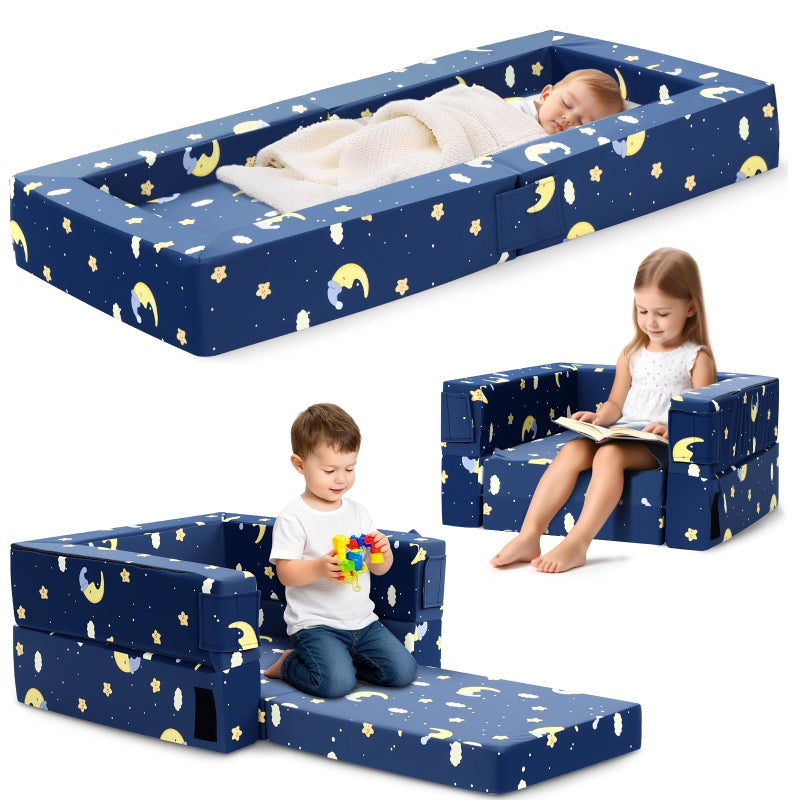 FRUITEAM Toddler Travel Bed, 3-in-1 Portable Kids Sleeper with Moon Star Cloud Print for Camping & Indoor/Outdoor Use | Flip-Open Design with High-Density Foam & Machine Washable Cover - Blue - Image 1