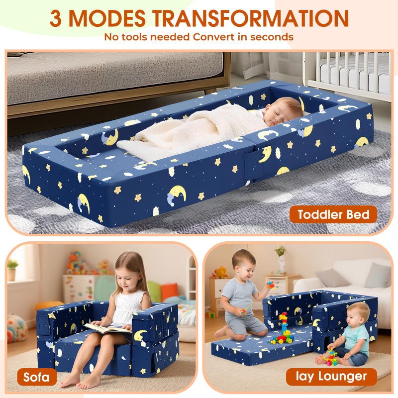 FRUITEAM Toddler Travel Bed, 3-in-1 Portable Kids Sleeper with Moon Star Cloud Print for Camping & Indoor/Outdoor Use | Flip-Open Design with High-Density Foam & Machine Washable Cover - Blue - Image 4