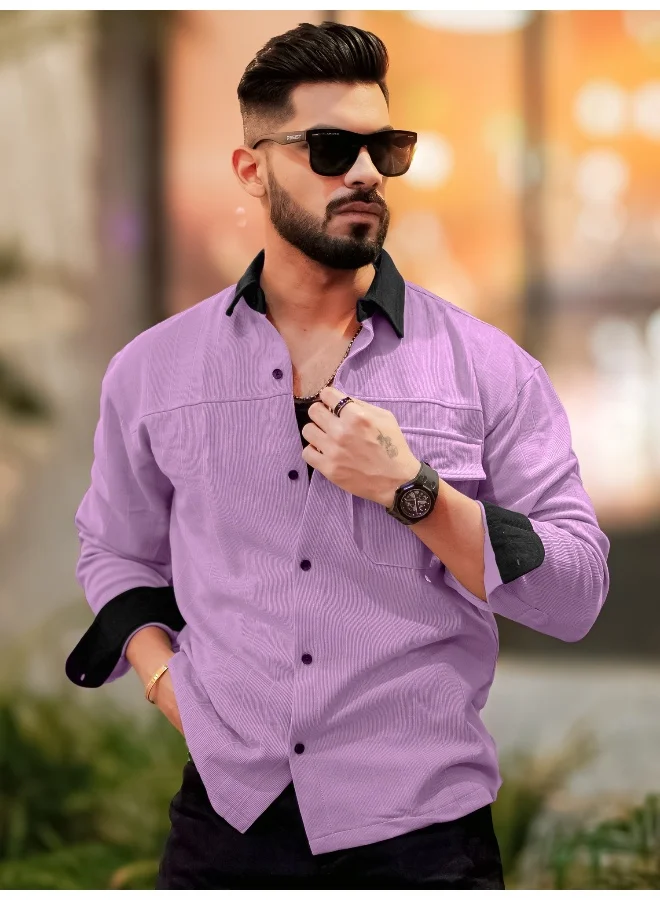 مانياك قميص رجالي مانياك قطن وردي بأكمام طويلة وياقة