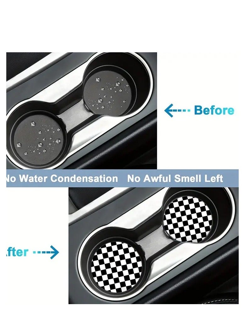 Generic 2PCS Durable Leather Black & White Lattice Car Coasters - Anti-slip Cup Mats for Clean & Dry Cup Holders - Premium Car Interior Accessories - Image 2