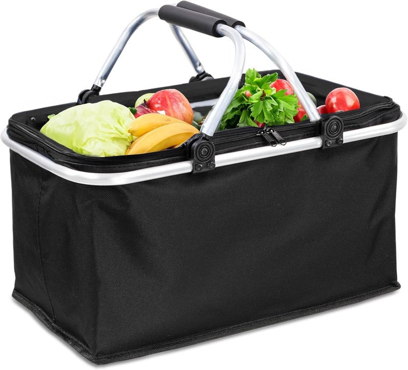 WENGTY Foldable Insulated Oxford Folding Collapsible Picnic Baskets 26L, Cooler Bag, Shopping Basket, Collapsible Picnic Cooler with Aluminium Handle for Food, Camping, Work or Outdoor Hiking Black - Image 2
