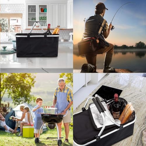 WENGTY Foldable Insulated Oxford Folding Collapsible Picnic Baskets 26L, Cooler Bag, Shopping Basket, Collapsible Picnic Cooler with Aluminium Handle for Food, Camping, Work or Outdoor Hiking Black - Image 4