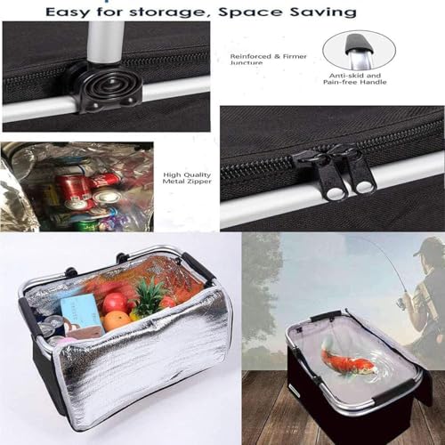 WENGTY Foldable Insulated Oxford Folding Collapsible Picnic Baskets 26L, Cooler Bag, Shopping Basket, Collapsible Picnic Cooler with Aluminium Handle for Food, Camping, Work or Outdoor Hiking Black - Image 3