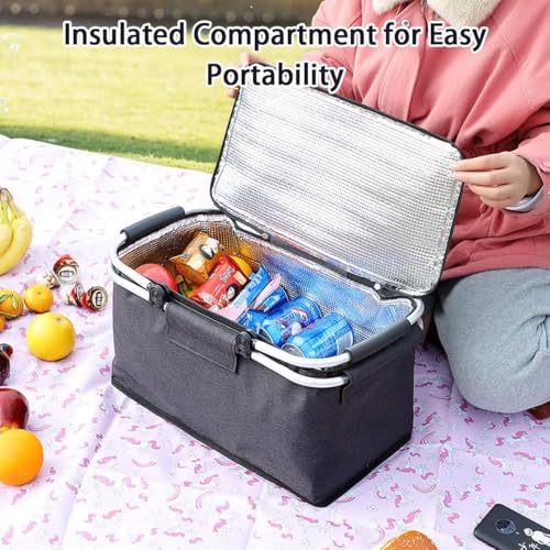 WENGTY Foldable Insulated Oxford Folding Collapsible Picnic Baskets 26L, Cooler Bag, Shopping Basket, Collapsible Picnic Cooler with Aluminium Handle for Food, Camping, Work or Outdoor Hiking Black - Image 5