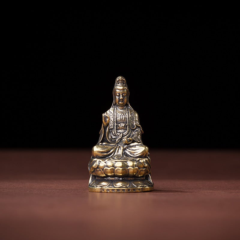 Solid Pure Yellow Copper Office Desk Ornament Lotus Flower Buddha Ancient Copper Tea Pet Craft Small Gift Handheld Bottle Brass-South Sea Guanyin ornaments 