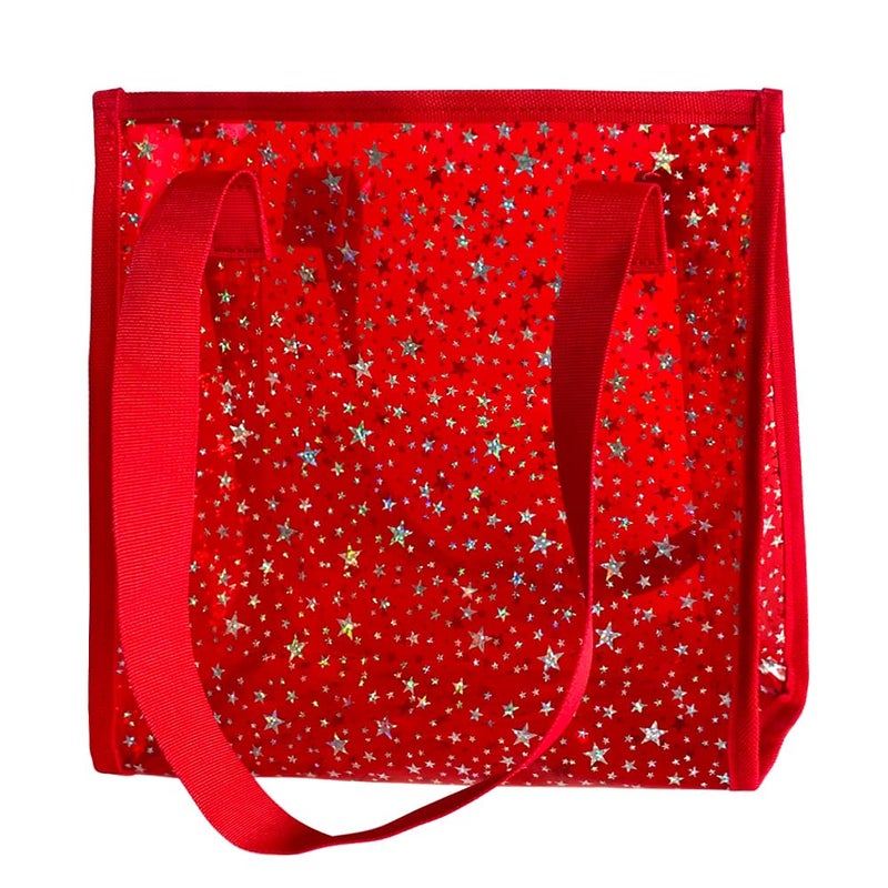 TotePrint Transparent Tote Bag with Stars Pattern Print, Large Capacity Shopping Bag, Reusable Bag 10 x 9.8Ã—3.9 inches (Red with stars) - Image 1