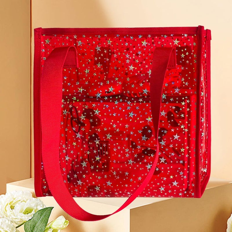 TotePrint Transparent Tote Bag with Stars Pattern Print, Large Capacity Shopping Bag, Reusable Bag 10 x 9.8Ã—3.9 inches (Red with stars) - Image 3