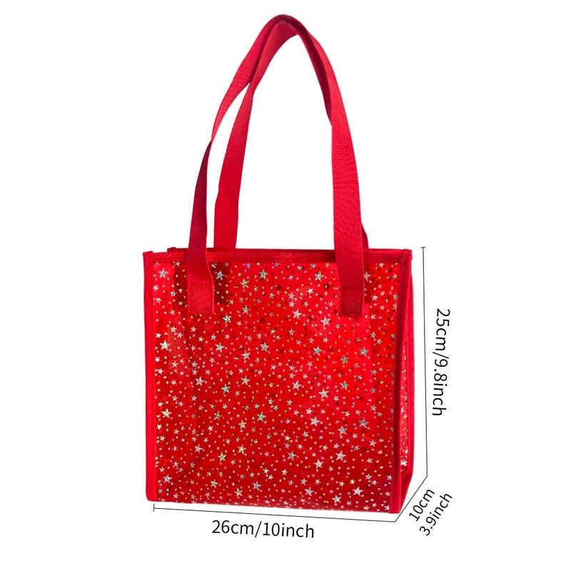 TotePrint Transparent Tote Bag with Stars Pattern Print, Large Capacity Shopping Bag, Reusable Bag 10 x 9.8Ã—3.9 inches (Red with stars) - Image 5
