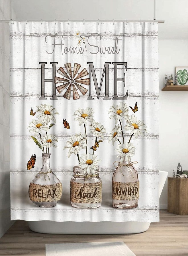 Tijuboni Farmhouse Daisy Shower Curtain White Flower Shower Curtains for Neutral Country Floral Bathroom Decor Rustic Shower Curtain Waterproof Polyester Fabric 60 x 72 Inch - Image 1