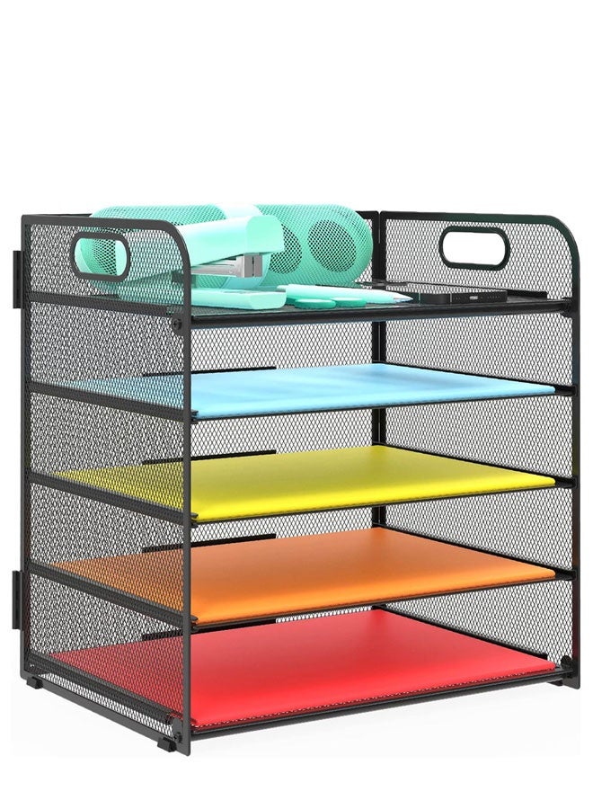 5 Tier Paper Letter Tray Organizer with Handles, Mesh Desk File Holder Storage Organization for Office Home School Desktop Black - Image 1