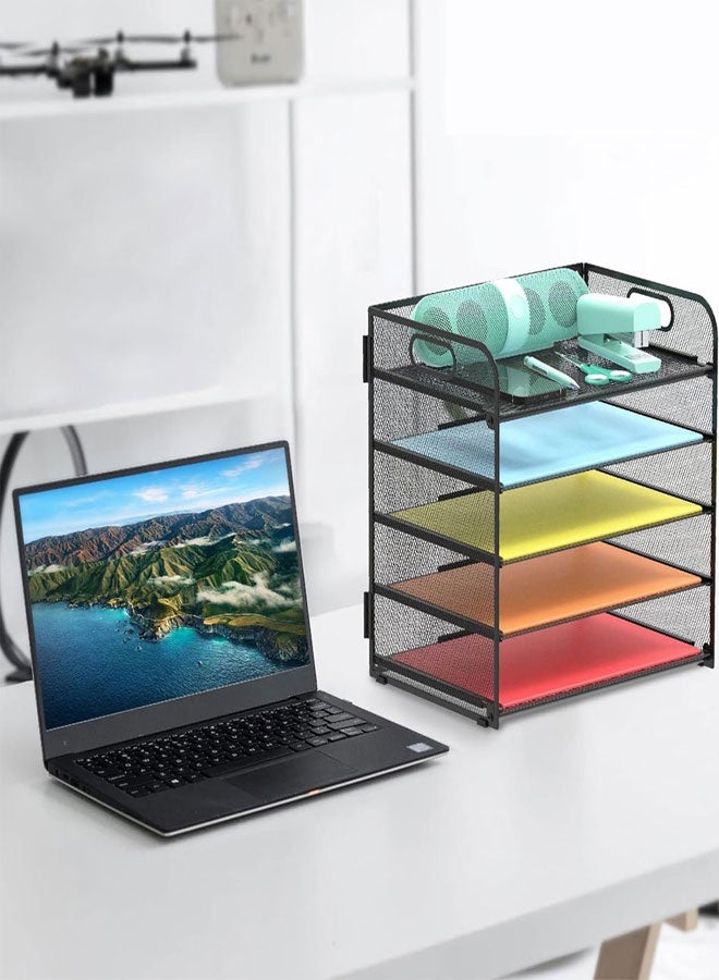 5 Tier Paper Letter Tray Organizer with Handles, Mesh Desk File Holder Storage Organization for Office Home School Desktop Black - Image 5