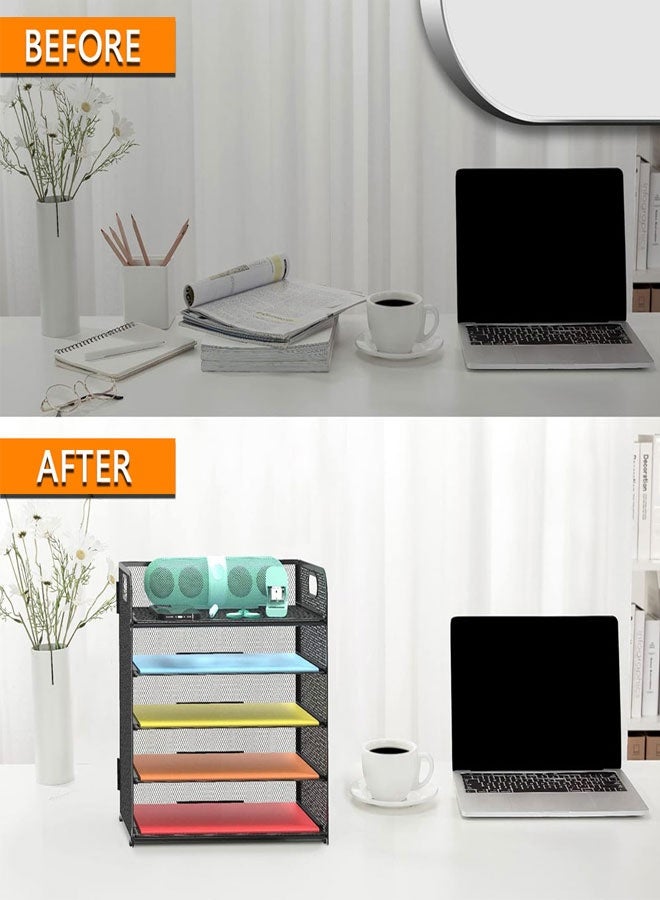5 Tier Paper Letter Tray Organizer with Handles, Mesh Desk File Holder Storage Organization for Office Home School Desktop Black - Image 4