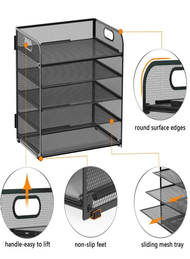 5 Tier Paper Letter Tray Organizer with Handles, Mesh Desk File Holder Storage Organization for Office Home School Desktop Black - Image 3