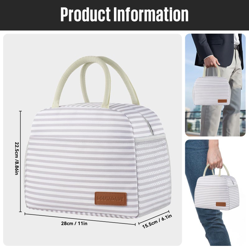douyadady Lunch Bag Women/Men Lunch Box Women/Men (Grey+White Stripes) - Image 2