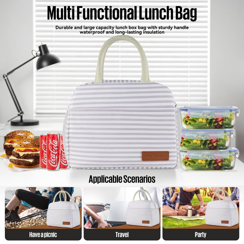 douyadady Lunch Bag Women/Men Lunch Box Women/Men (Grey+White Stripes) - Image 3