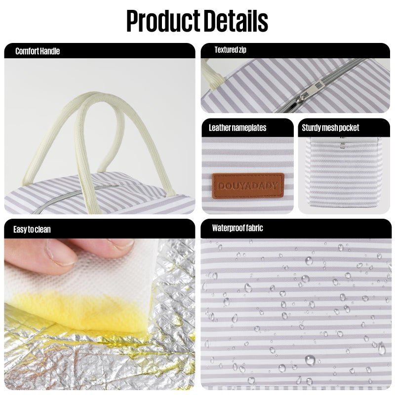 douyadady Lunch Bag Women/Men Lunch Box Women/Men (Grey+White Stripes) - Image 4