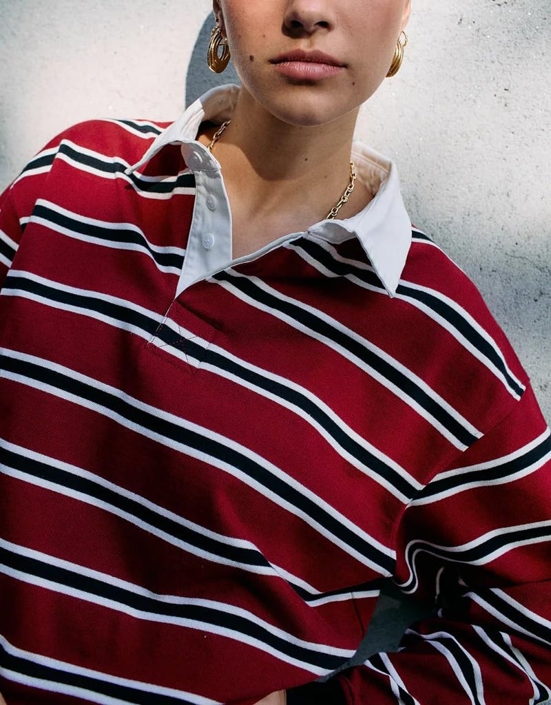 Argeousgor Women Striped Rugby Polo Shirt Y2k Oversized Lapel Collared Pullover Tops Loose Fit Button Up Long Sleeve Shirts (h Red, S) - Image 2