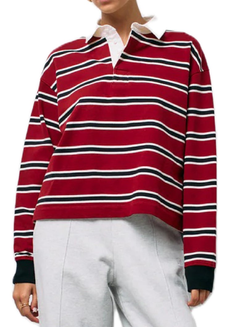 Argeousgor Women Striped Rugby Polo Shirt Y2k Oversized Lapel Collared Pullover Tops Loose Fit Button Up Long Sleeve Shirts (h Red, S) - Image 1