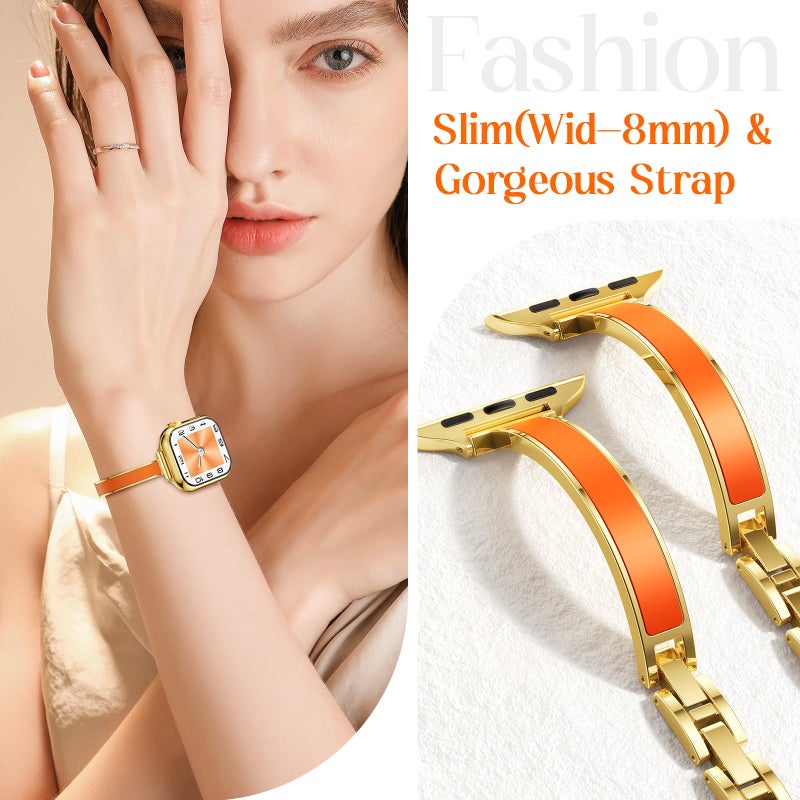 Mosonio Slim Bracelet Bands for Apple Watch Women, Elegant Thin Metal Band with Embedded Silicone Accents for iWatch, Easy-Adjust Link Strap Compatible with Apple Watch Series 11/10 (42mm), Series 9/8/7 (41mm), Series 6/5/4/SE (40mm), Series 3/2/1 (38mm) - Gold + Orange - Image 3