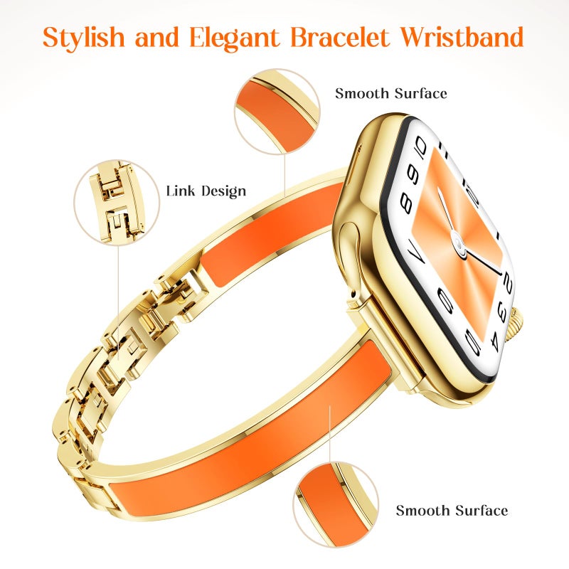 Mosonio Slim Bracelet Bands for Apple Watch Women, Elegant Thin Metal Band with Embedded Silicone Accents for iWatch, Easy-Adjust Link Strap Compatible with Apple Watch Series 11/10 (42mm), Series 9/8/7 (41mm), Series 6/5/4/SE (40mm), Series 3/2/1 (38mm) - Gold + Orange - Image 5