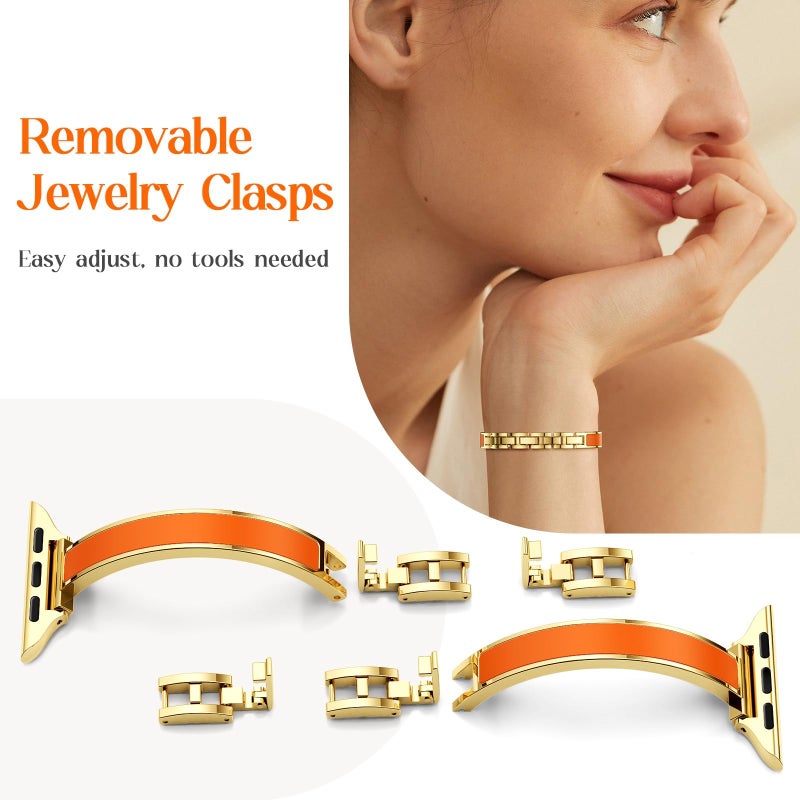 Mosonio Slim Bracelet Bands for Apple Watch Women, Elegant Thin Metal Band with Embedded Silicone Accents for iWatch, Easy-Adjust Link Strap Compatible with Apple Watch Series 11/10 (42mm), Series 9/8/7 (41mm), Series 6/5/4/SE (40mm), Series 3/2/1 (38mm) - Gold + Orange - Image 2